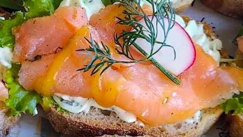 Salmon dream: sourdough bread, dill cream cheese base, smoked salmon, dill, lemon and special sauce garnish. Sold in quantities of 8 or 20 sandwiches. Mix and match in a box!